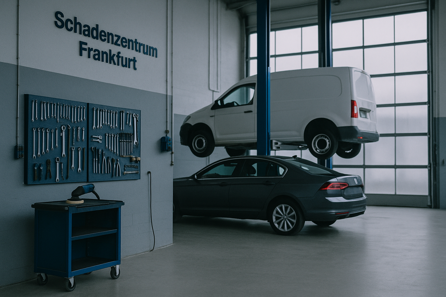 Werkstattinterieur in Frankfurt am Main mit Fahrzeug auf Hebebühne und ordentlich organisierten Werkzeugen.